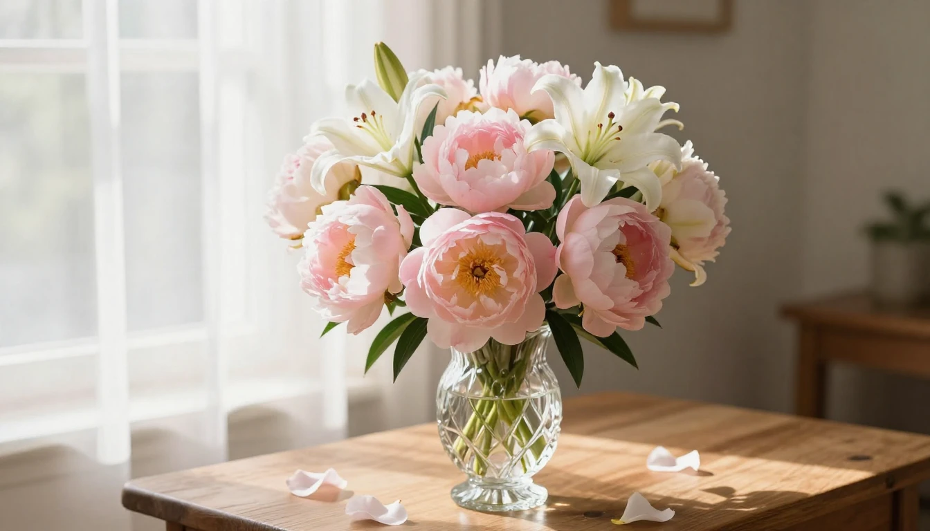 A beautiful bouquet of soft pink peonies and white lilies in...