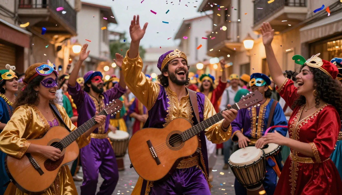A vibrant and joyous Purim celebration scene. People in colo...