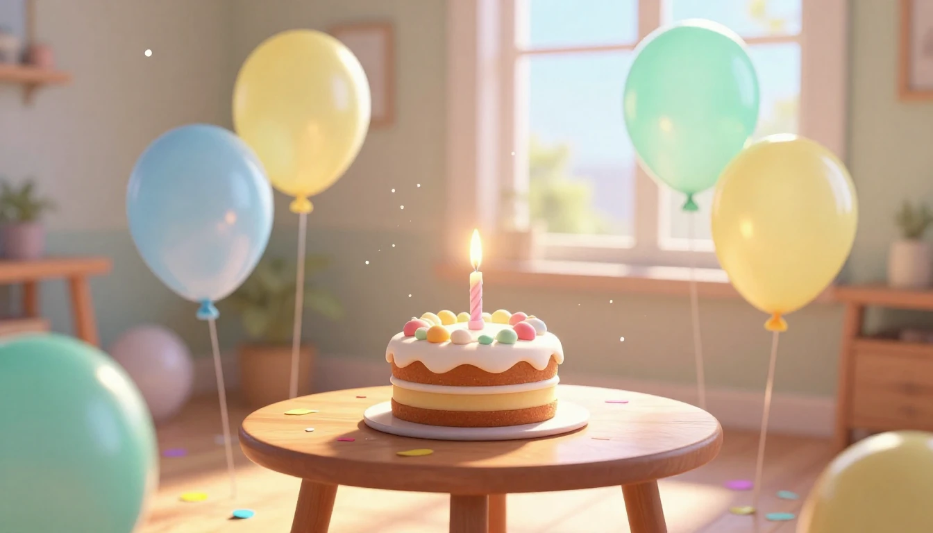 A magical birthday scene in a cozy, sunlit room. A small, be...
