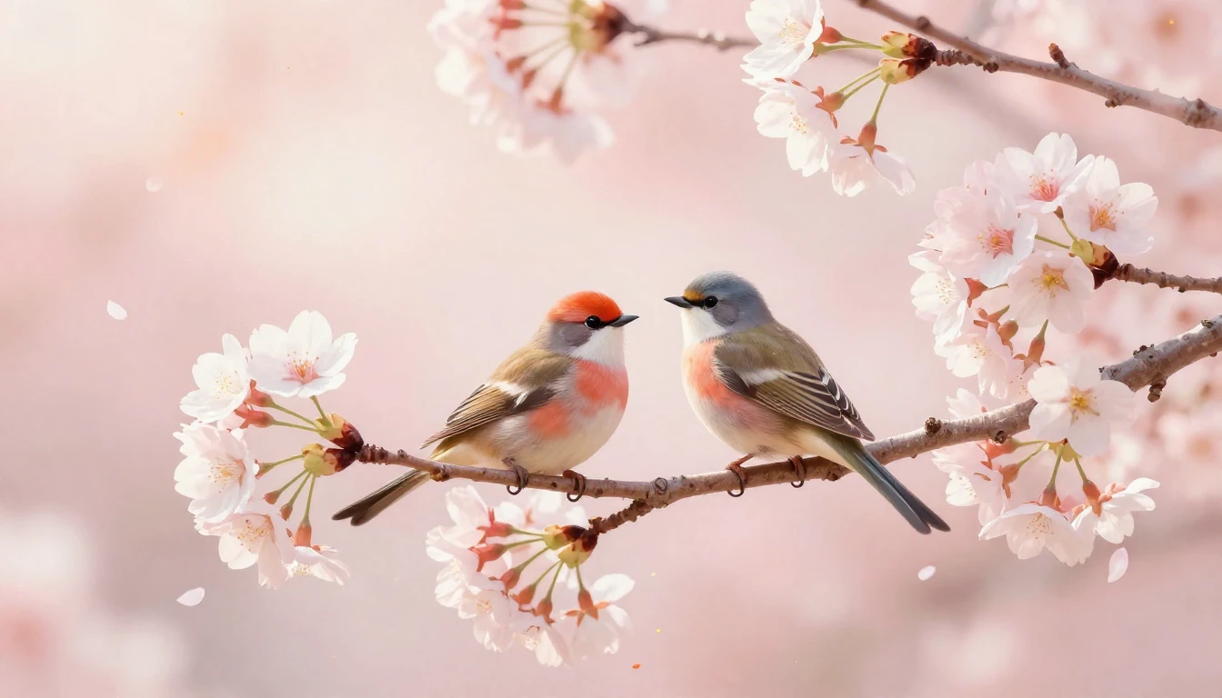 A beautiful and delicate scene featuring two stylized birds ...