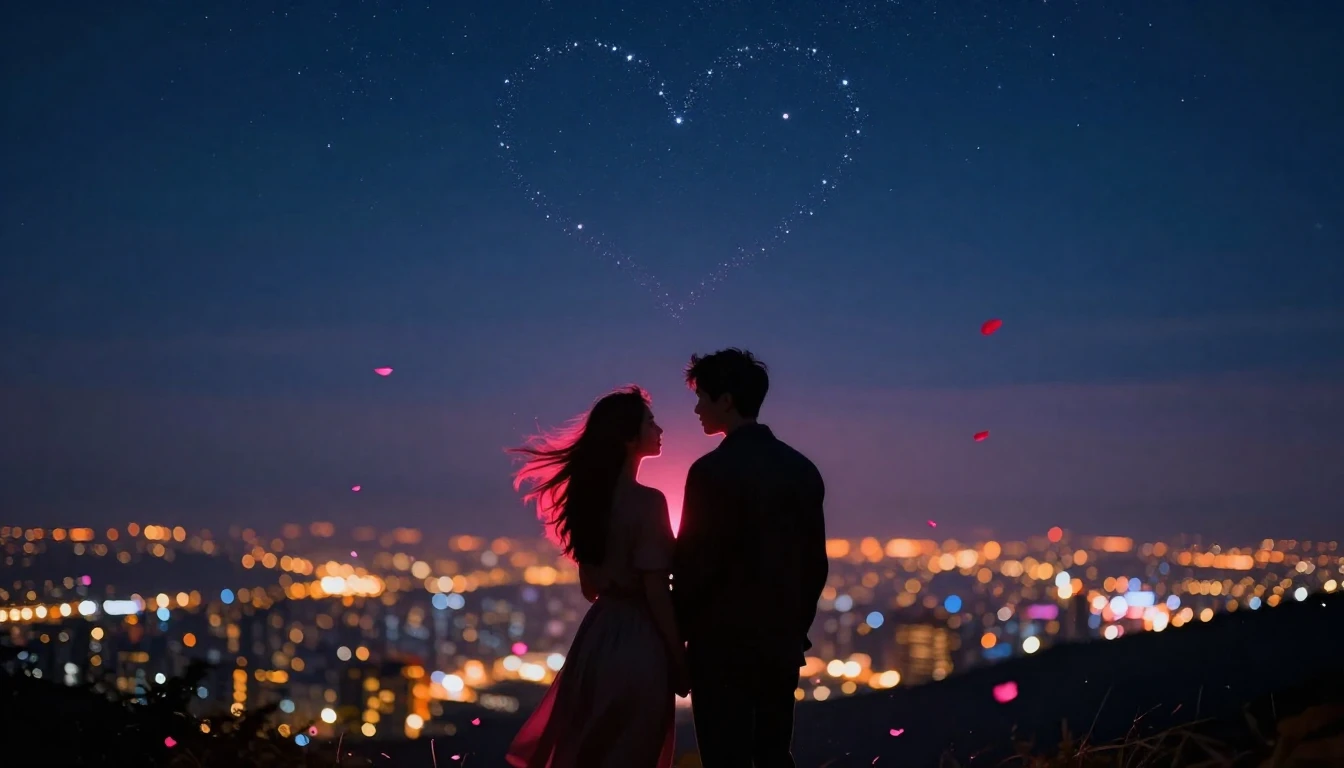 A romantic and atmospheric scene featuring silhouettes of a ...