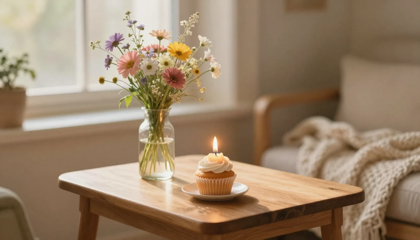 A cozy indoor scene featuring a small wooden table with a si...