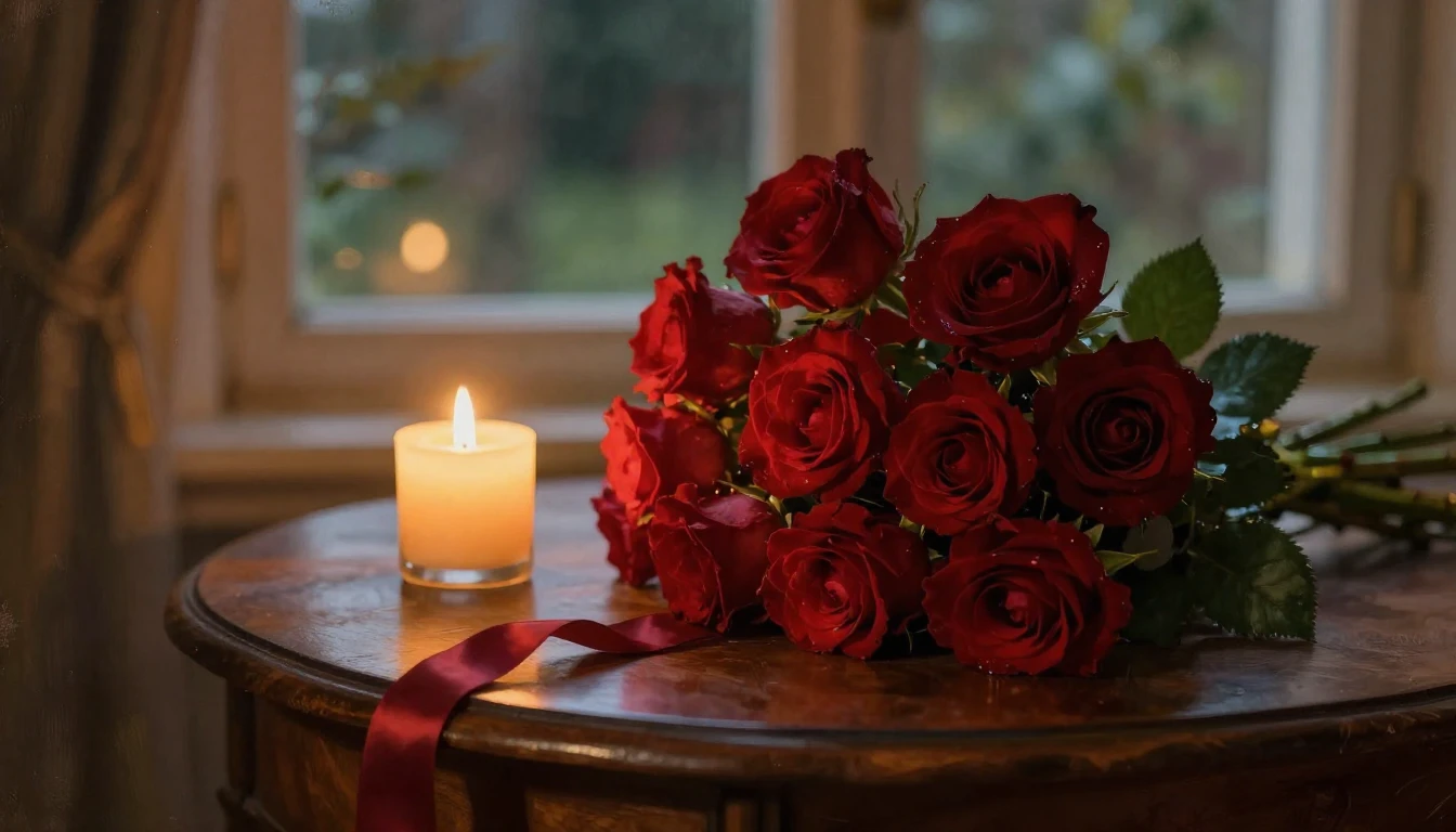A lush, romantic scene featuring a bouquet of deep red roses...