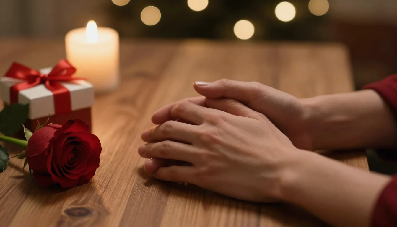 A close-up, romantic composition of two hands gently holding...