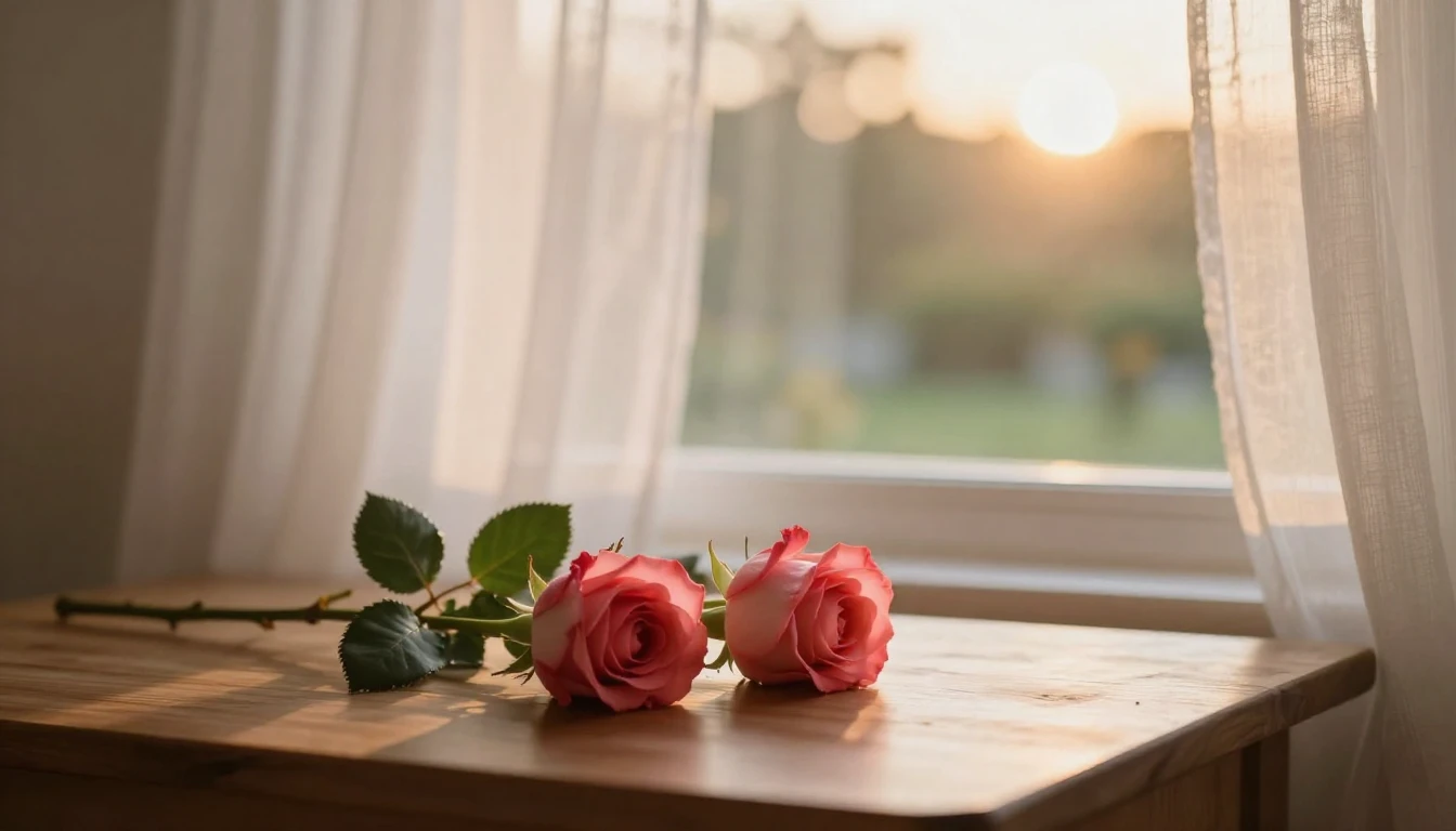 A soft and ethereal scene featuring two delicate red roses r...