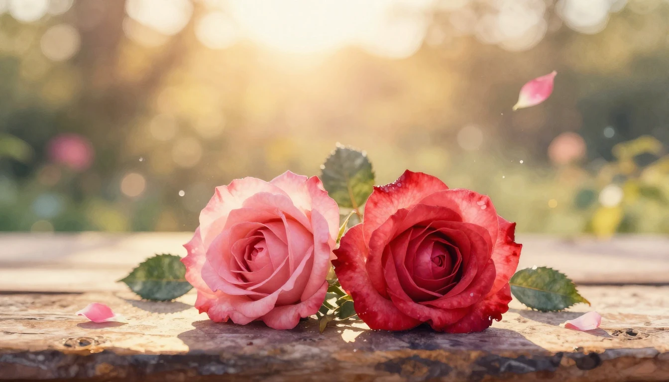 A soft watercolor painting of two delicate red roses intertw...