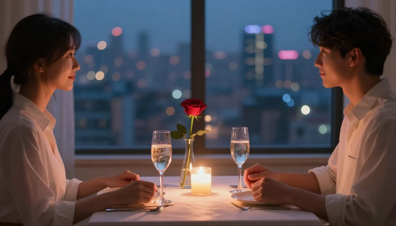 A romantic and dreamy scene depicting a cozy dinner for two ...