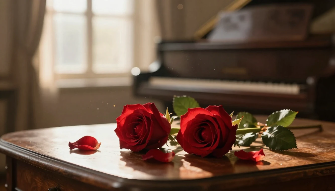 A dreamy and ethereal scene featuring two delicate red roses...