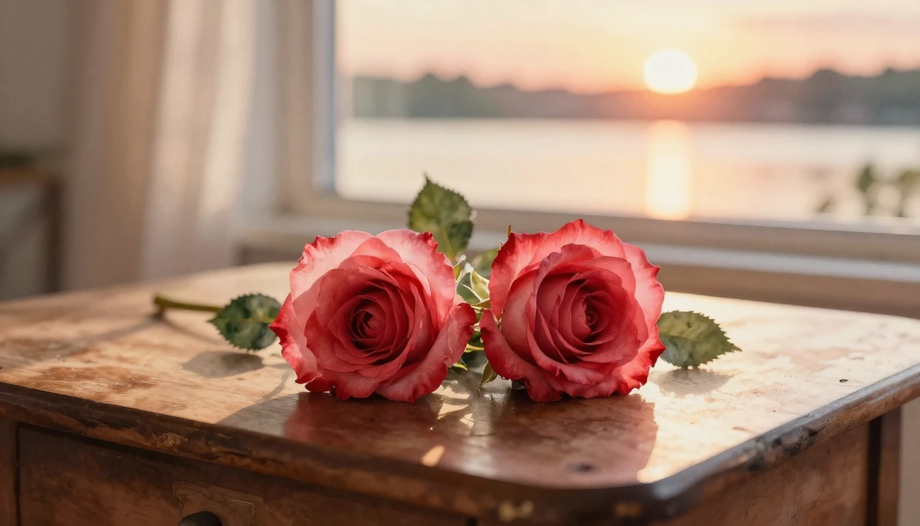A delicate watercolor painting of two intertwined red roses ...