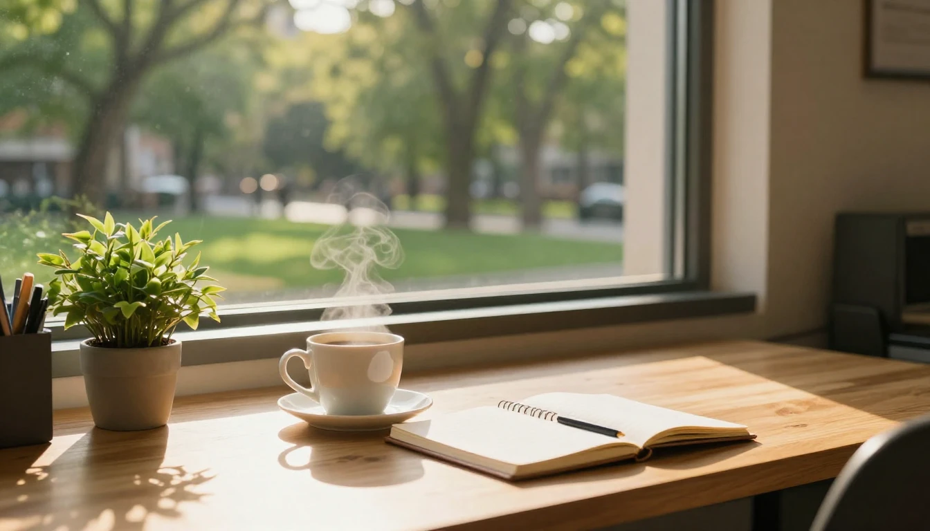 A cozy, sun-drenched office space with a large window overlo...