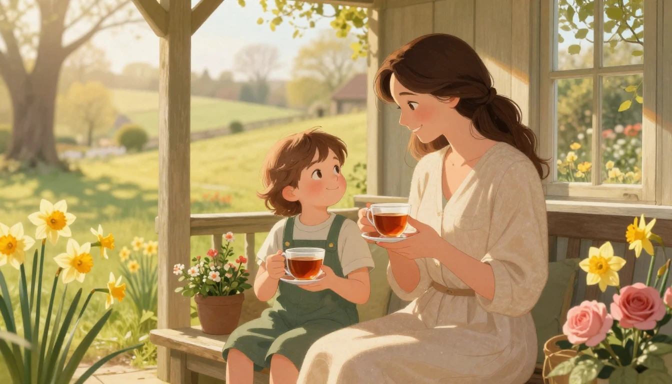 A beautiful, warm illustration of a mother and her adult chi...