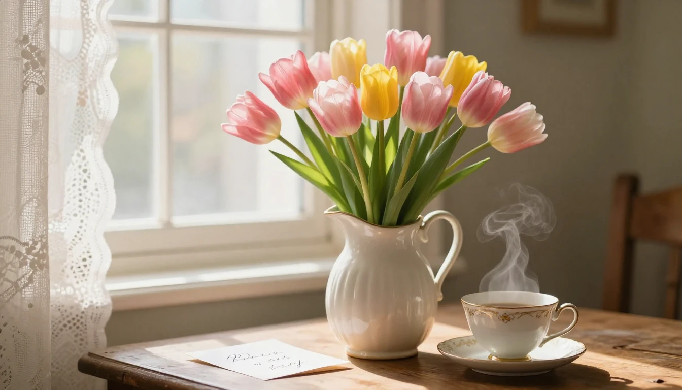 A warm and nostalgic close-up composition featuring a bouque...