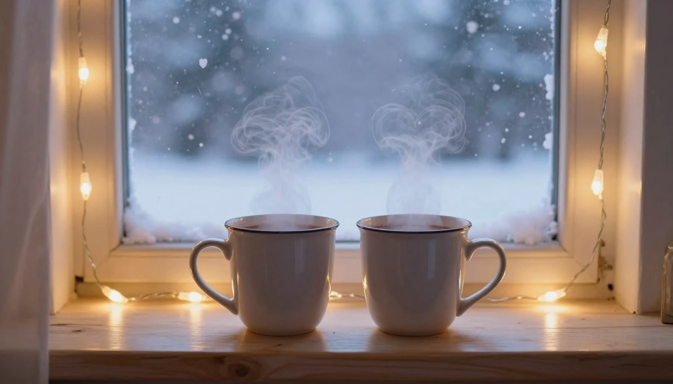 A romantic and cozy composition featuring two steaming mugs ...