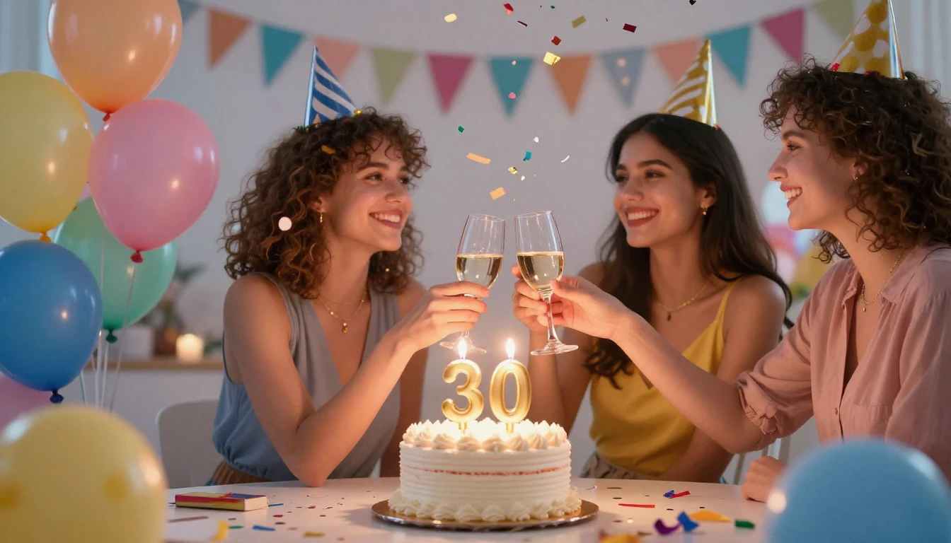 A joyful birthday celebration scene for a 30th birthday, fea...