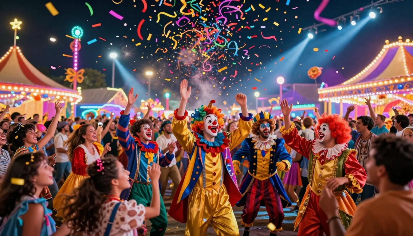 A vibrant, high-energy digital artwork depicting a lively ca...