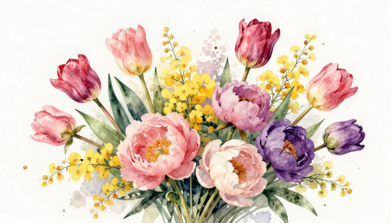 A vibrant and elegant watercolor painting featuring a lush b...