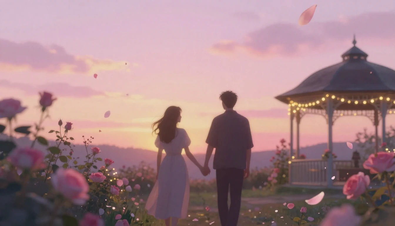 A dreamy and ethereal scene of two silhouettes walking hand-...