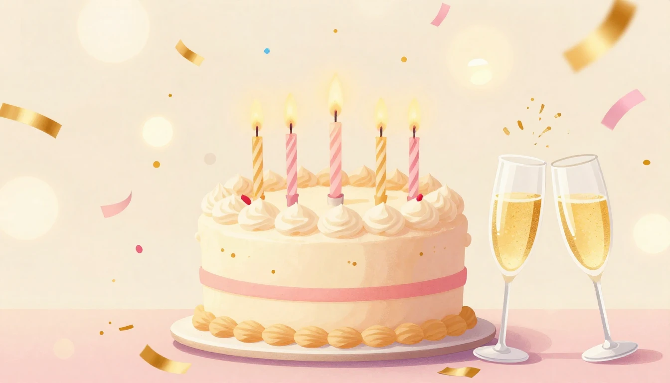 A warm and festive birthday illustration featuring a delicio...