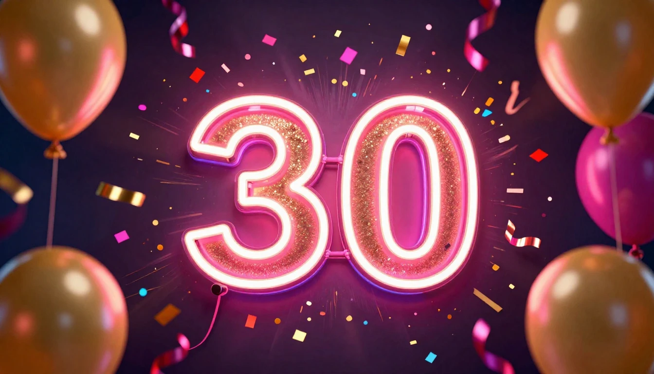 A vibrant and festive image centered around a glowing neon s...