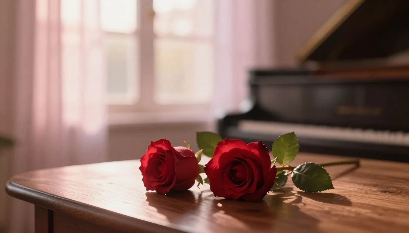 A dreamy and ethereal scene featuring two delicate red roses...