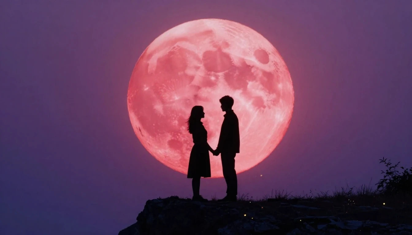 A romantic and atmospheric scene featuring two silhouettes s...