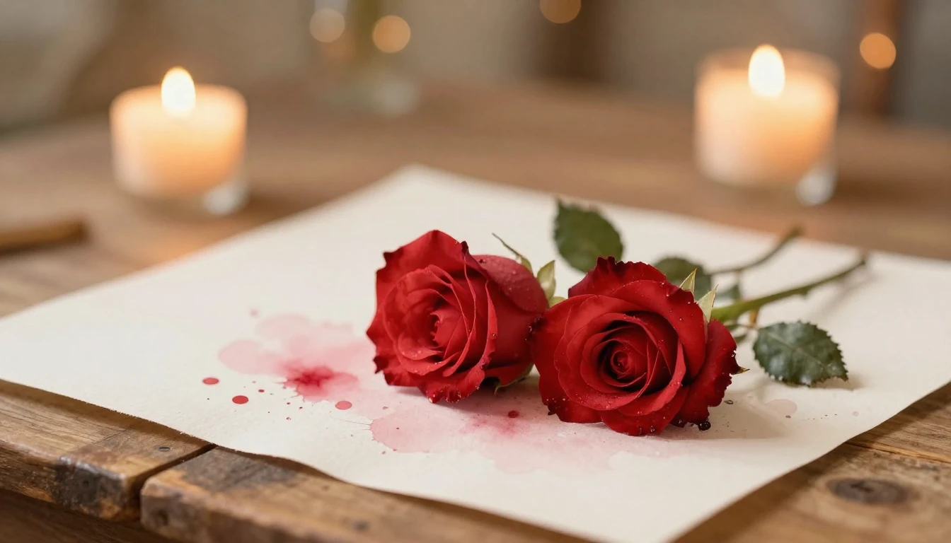 A soft watercolor painting of two delicate red roses intertw...