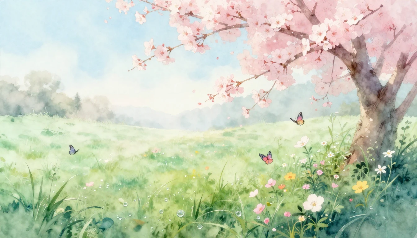 A delicate watercolor painting of a lush spring meadow at da...