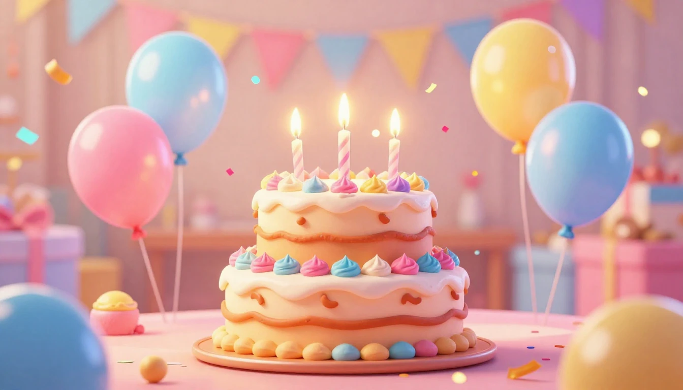 A vibrant and joyful birthday celebration scene in a cute 3D...