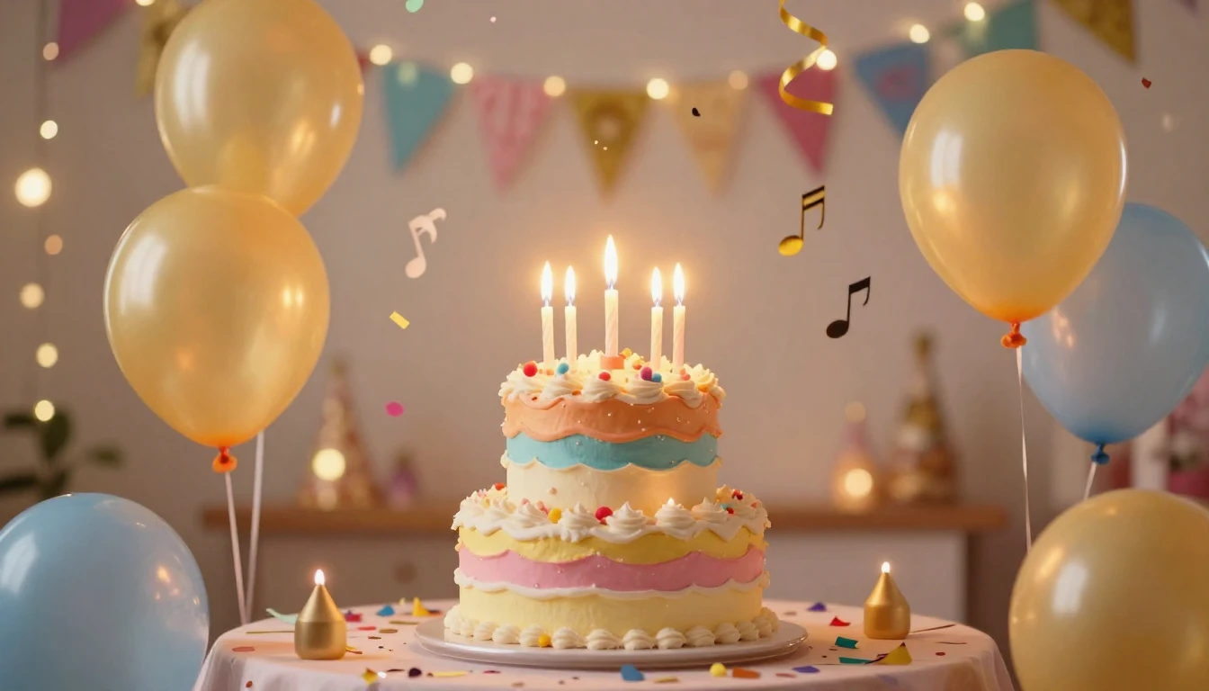 A vibrant and festive scene celebrating a birthday party. Ce...