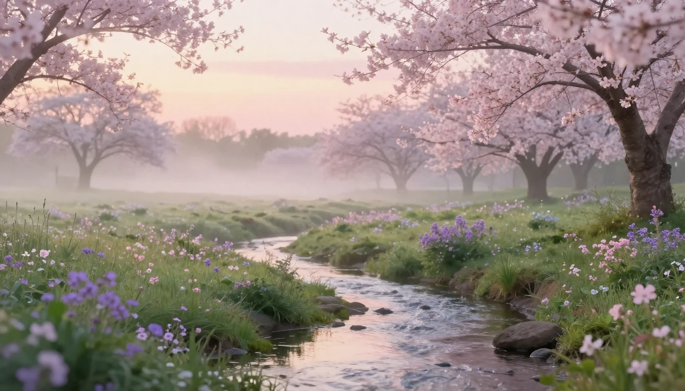A serene landscape of a blooming meadow during a soft sunris...