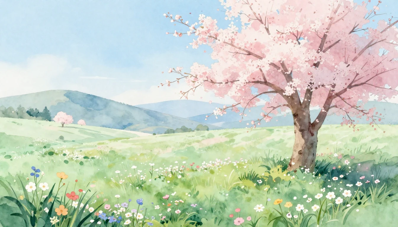 A serene spring landscape in a delicate watercolor style. So...