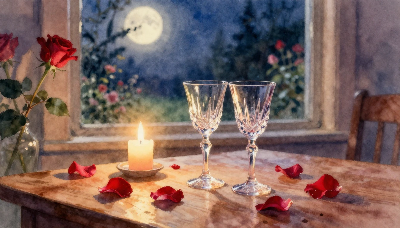 A delicate watercolor painting of a romantic setting. In the...