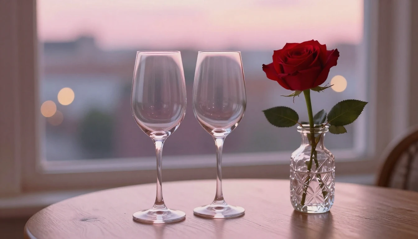 A delicate scene featuring two elegant wine glasses sitting ...