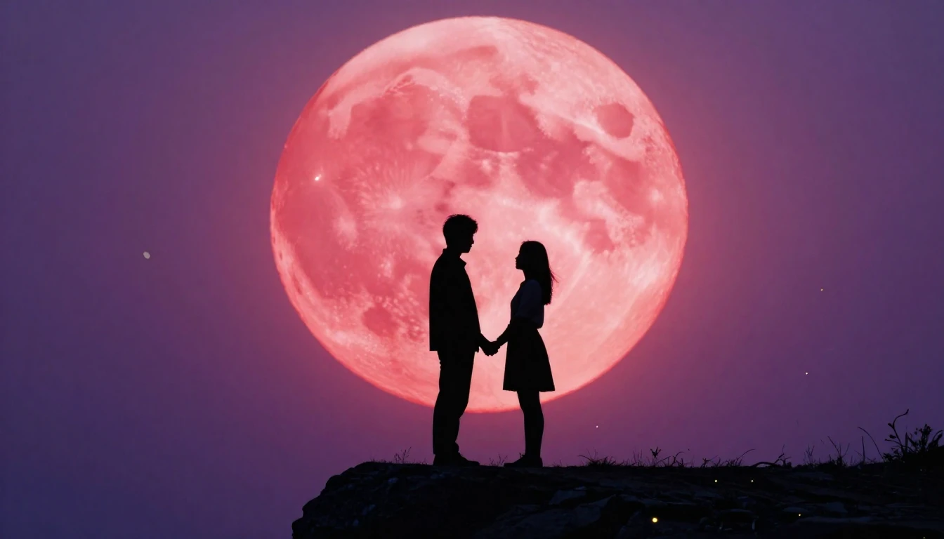 A romantic and atmospheric scene featuring two silhouettes s...