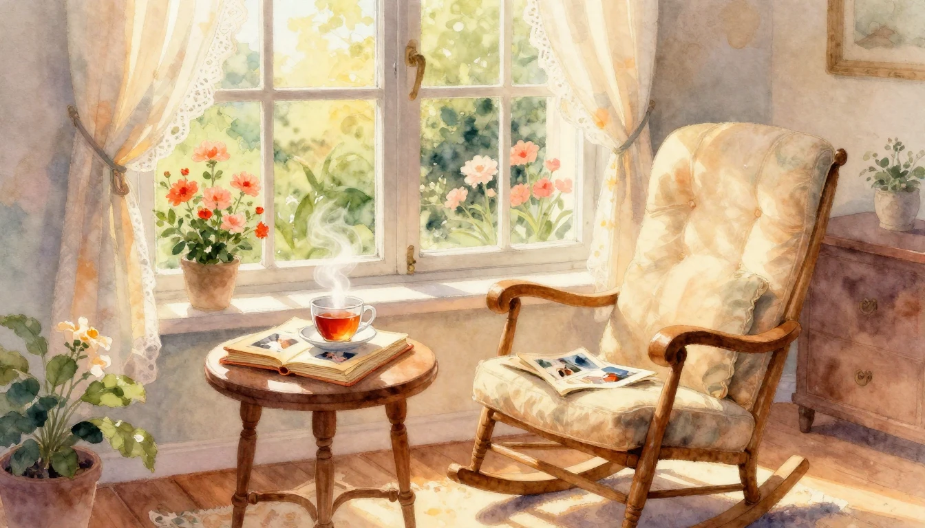 A beautiful watercolor painting of a cozy sunlit living room...
