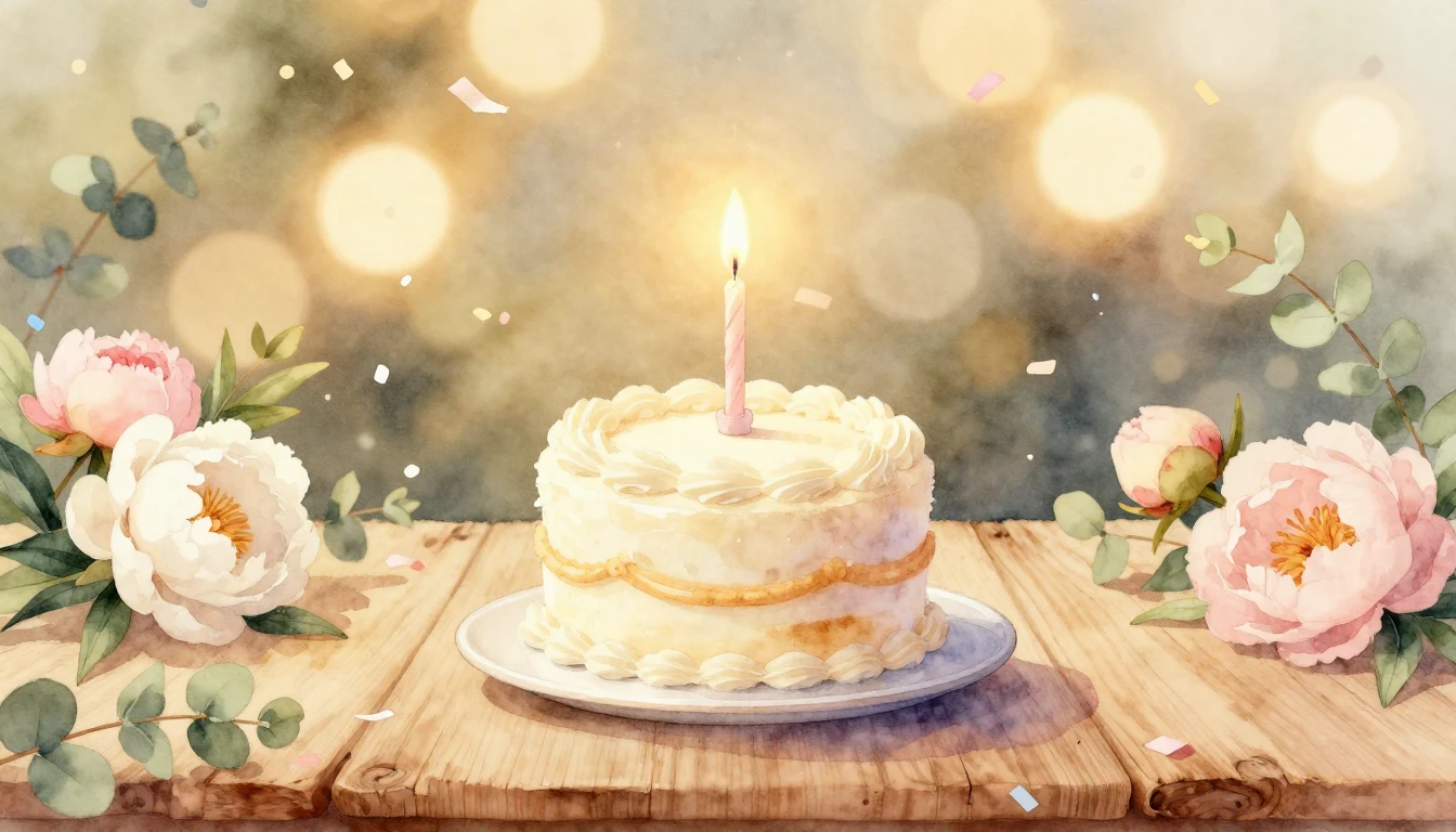 A soft watercolor painting of a small, elegant birthday cake...
