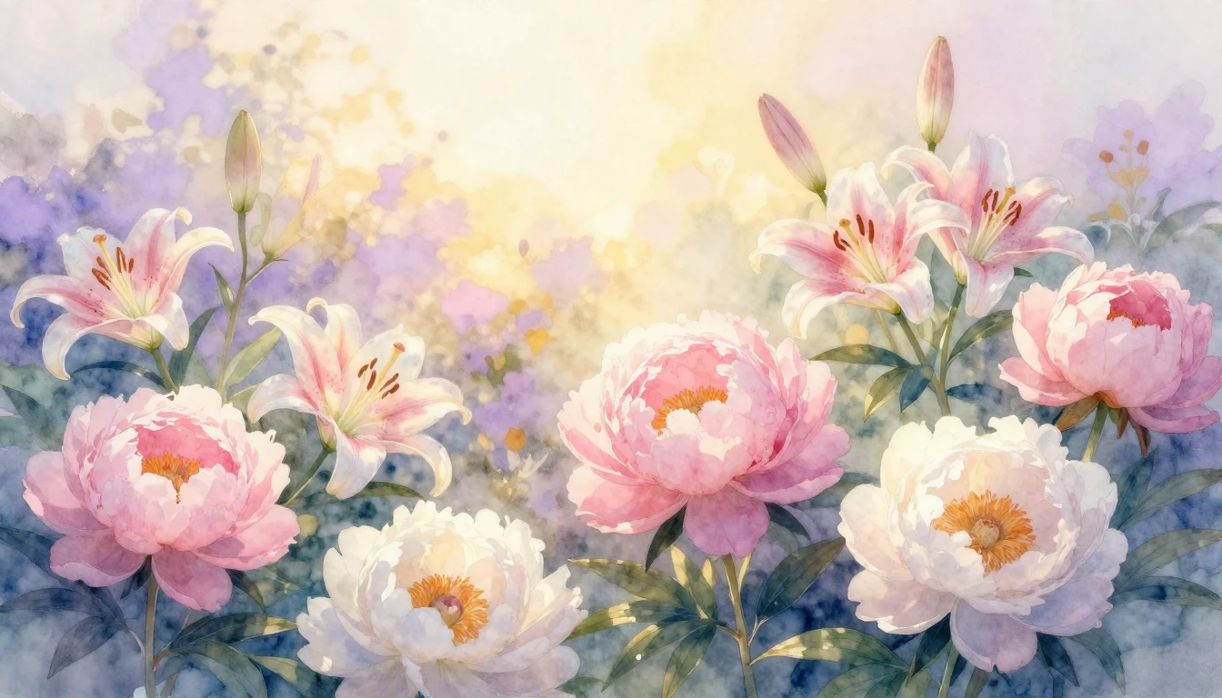 A beautiful, soft watercolor painting of a blooming garden a...