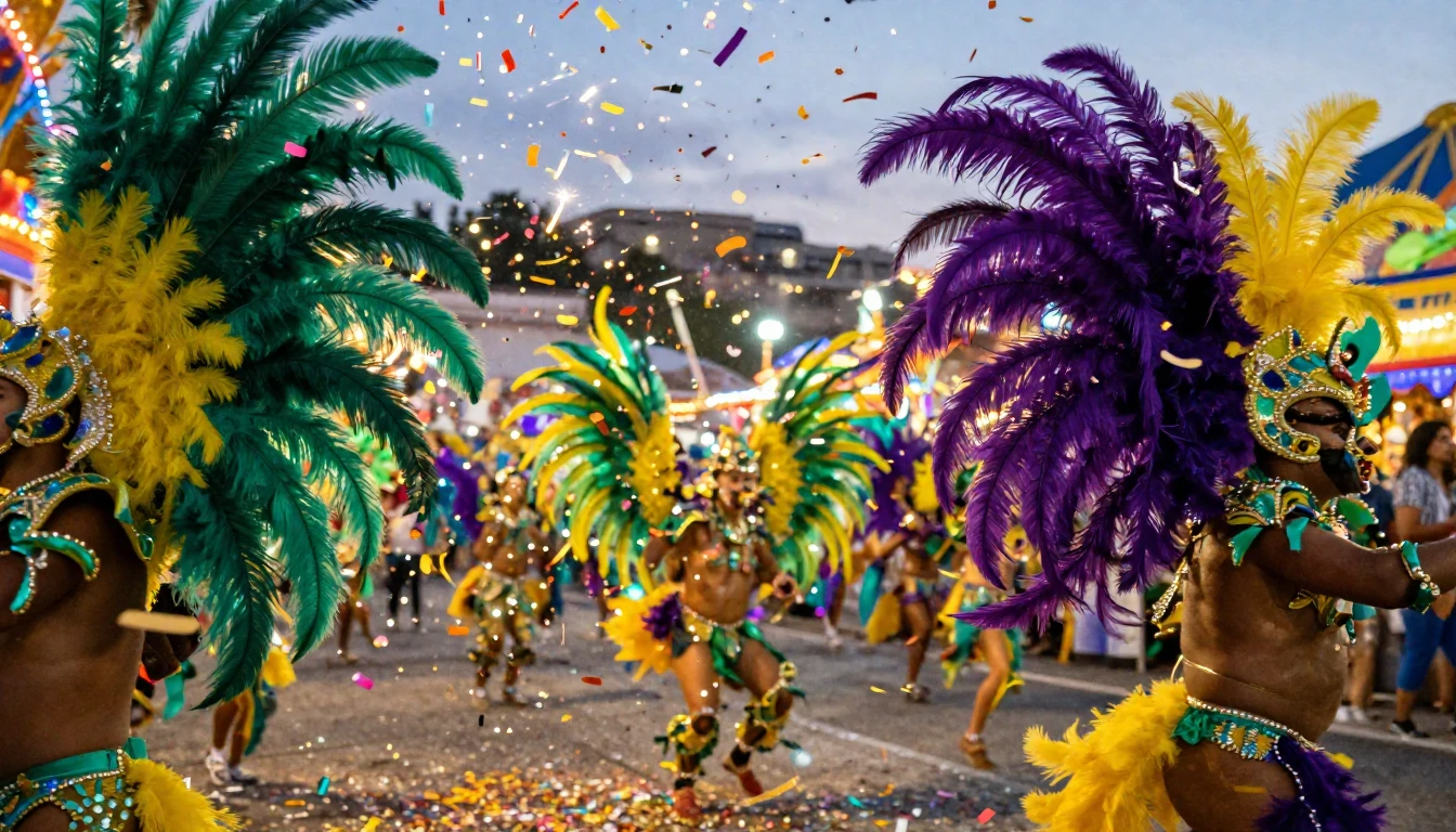 A vibrant and explosive scene of a carnival celebration. The...