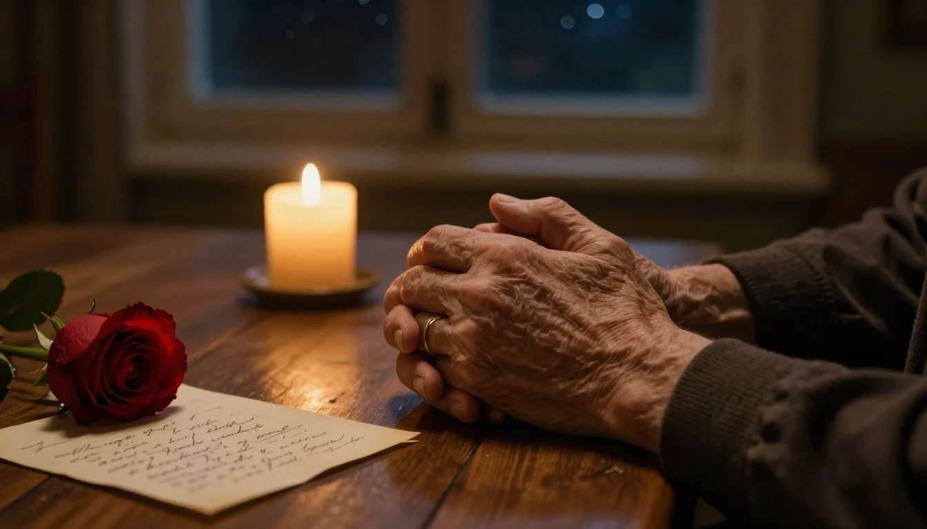 A cinematic close-up shot of two elderly hands holding each ...