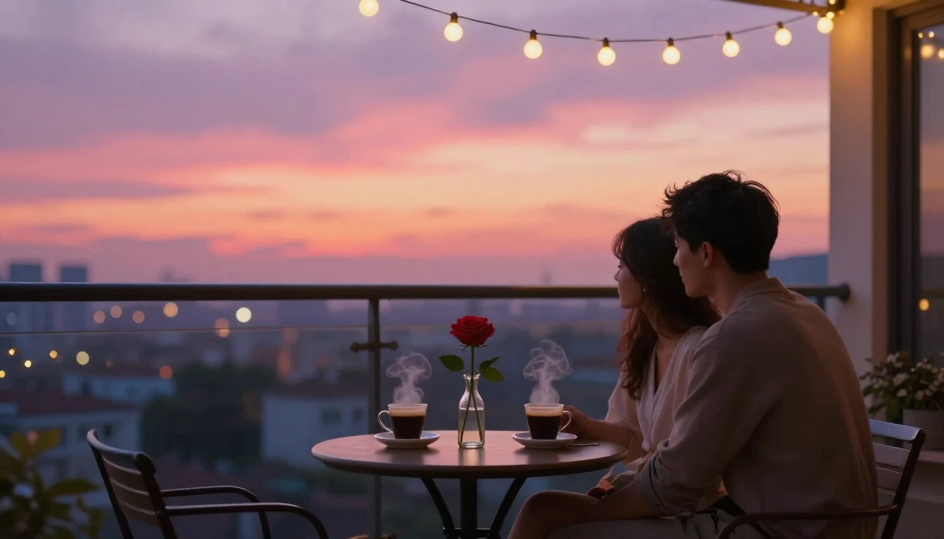 A romantic scene of a couple sitting at a small round table ...