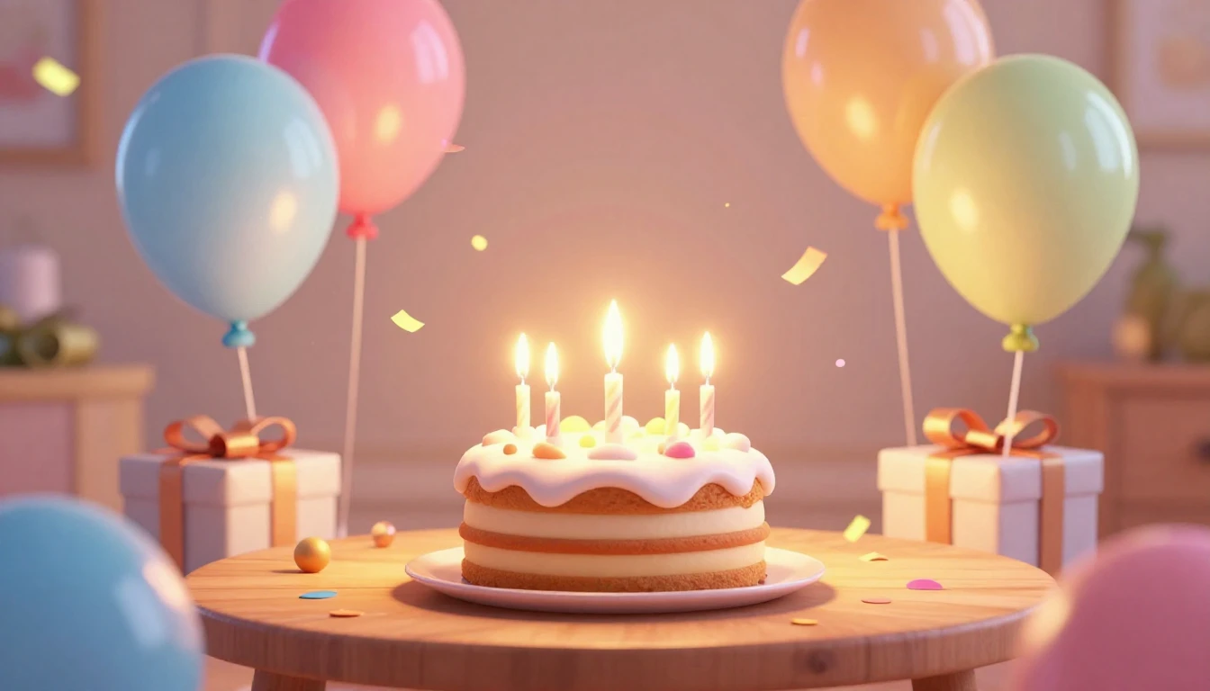 A festive and magical birthday atmosphere in a cozy room. In...