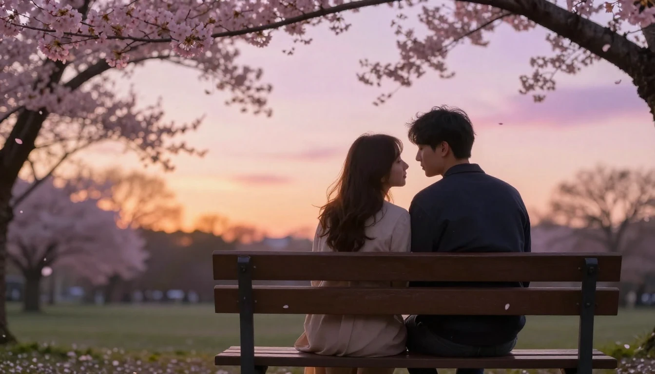 A romantic scene featuring a couple sitting on a wooden benc...