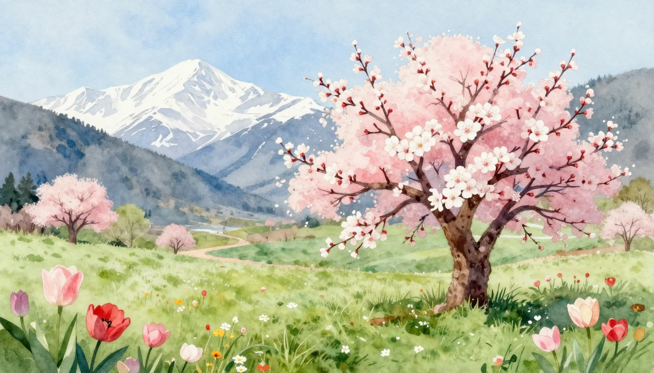 A beautiful watercolor painting of a blooming apricot tree i...