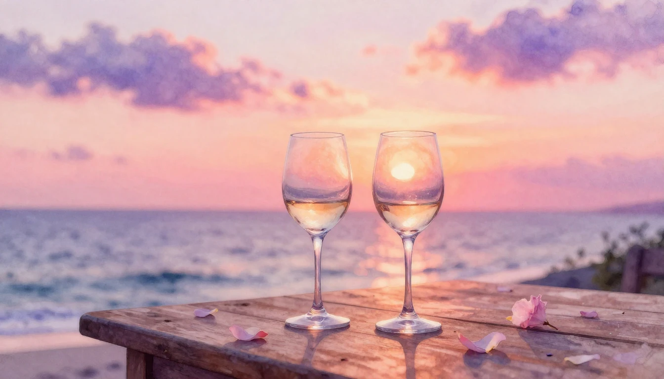 A soft watercolor painting of two elegant wine glasses sitti...