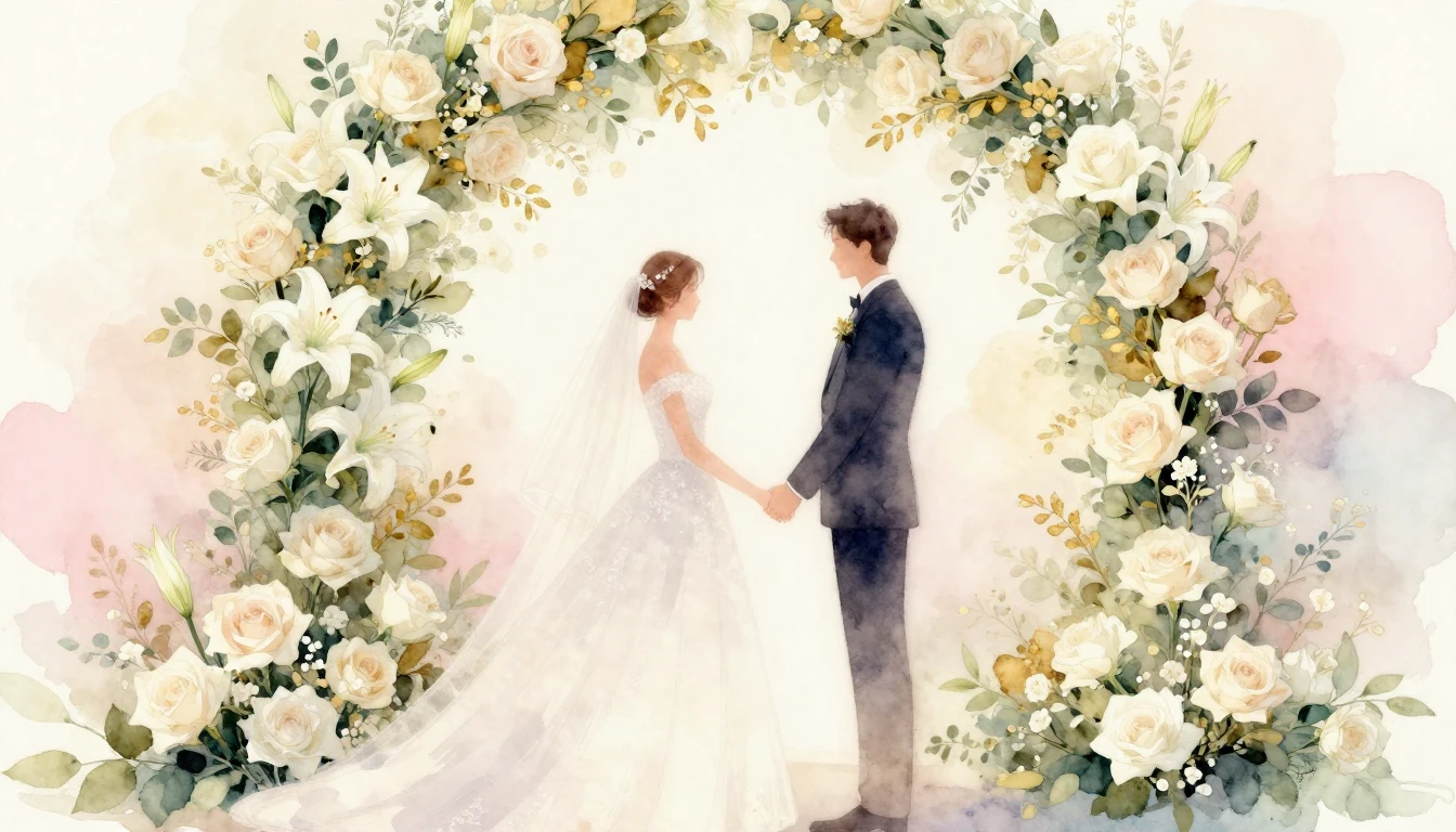 A romantic soft watercolor painting of a bride and groom hol...