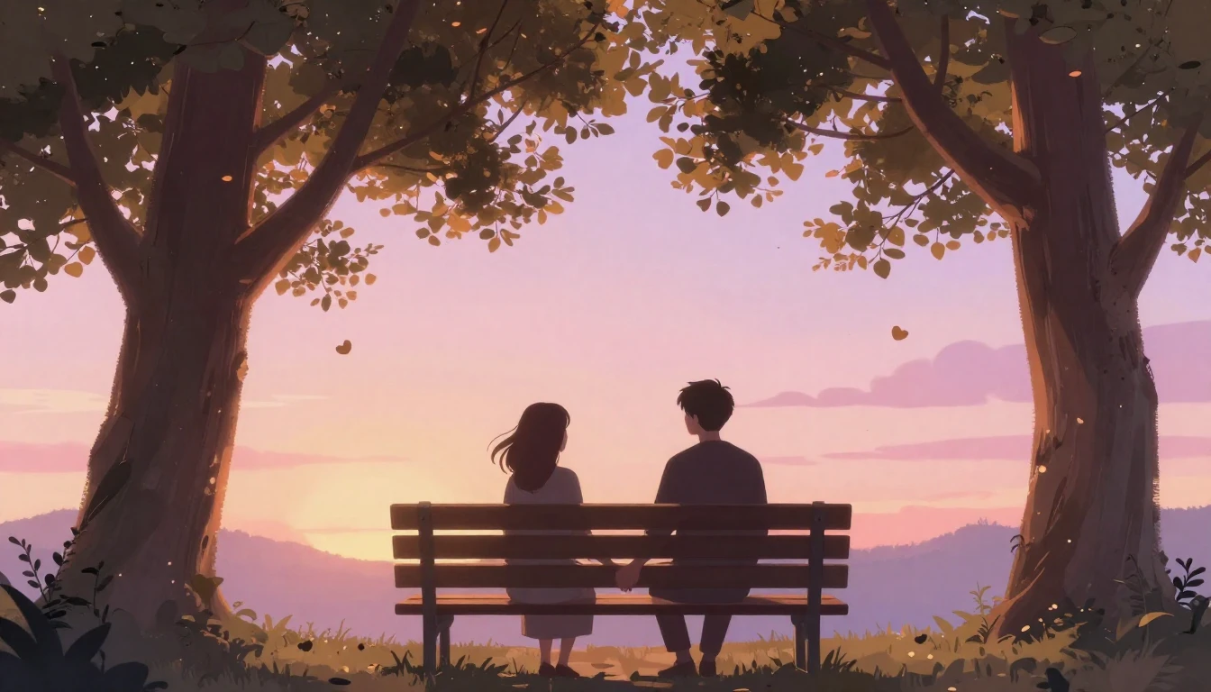 A romantic and dreamy illustration of two silhouettes holdin...