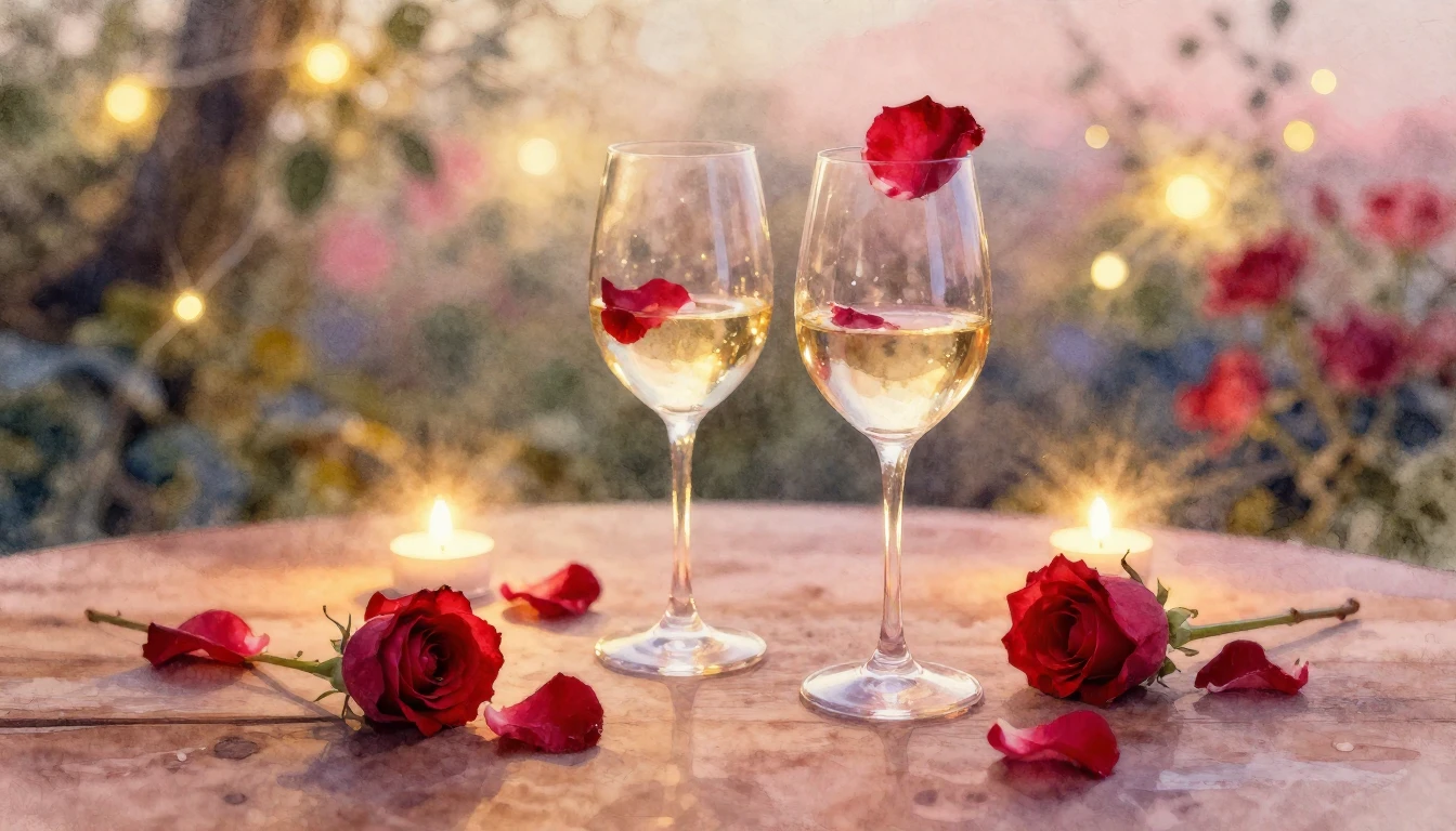 A soft watercolor painting of two elegant wine glasses sitti...