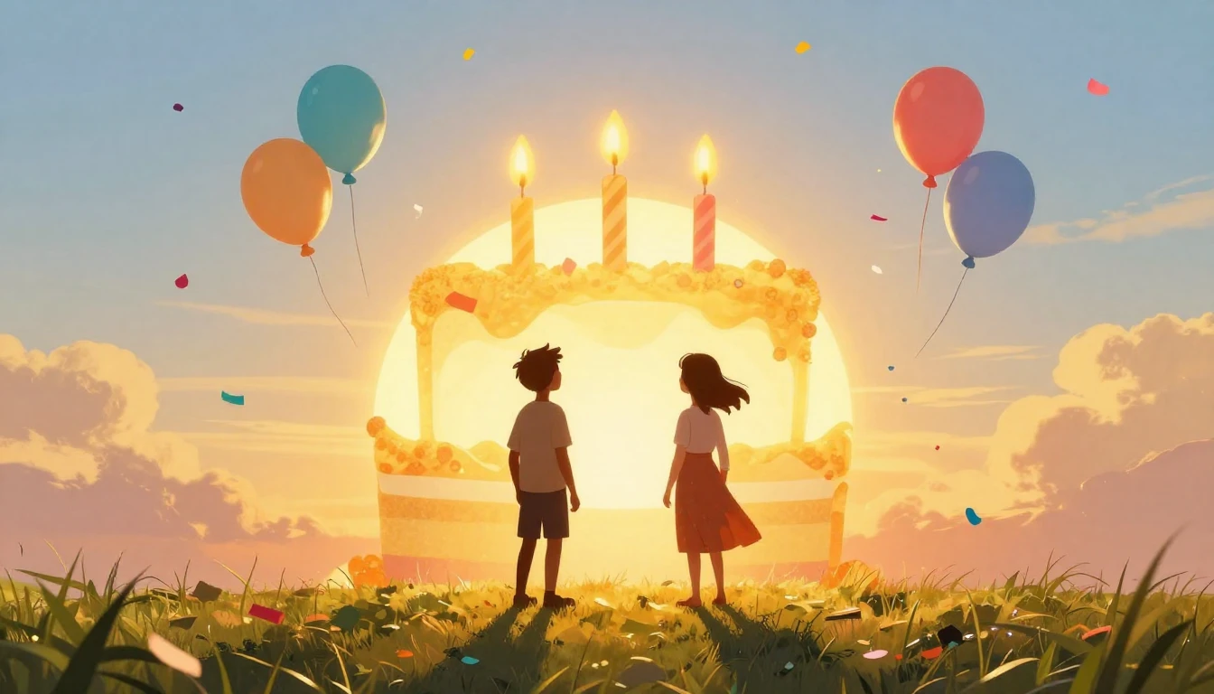 A vibrant and joyful scene celebrating friendship. Two abstr...