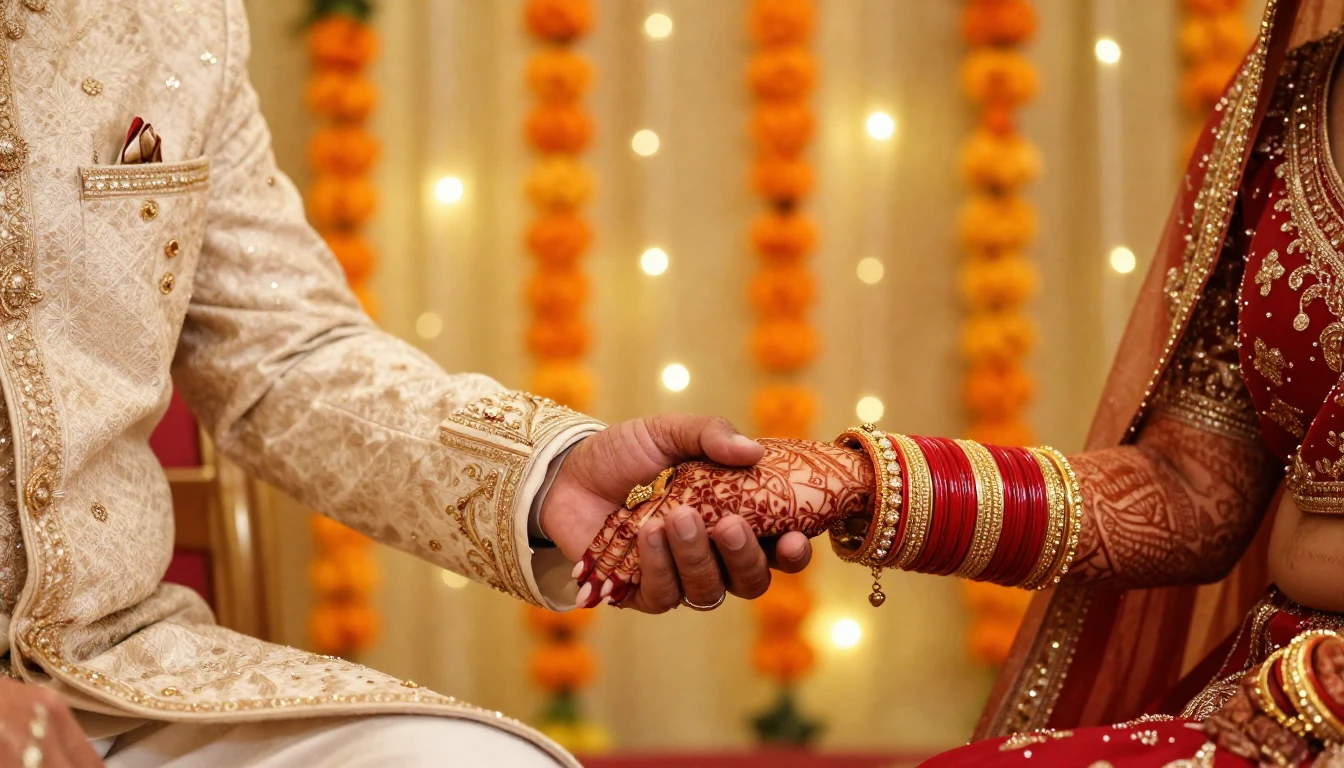 Close-up digital art of an Indian bride and groom holding ha...