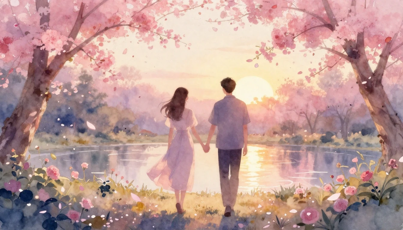 A soft and ethereal watercolor painting depicting two silhou...